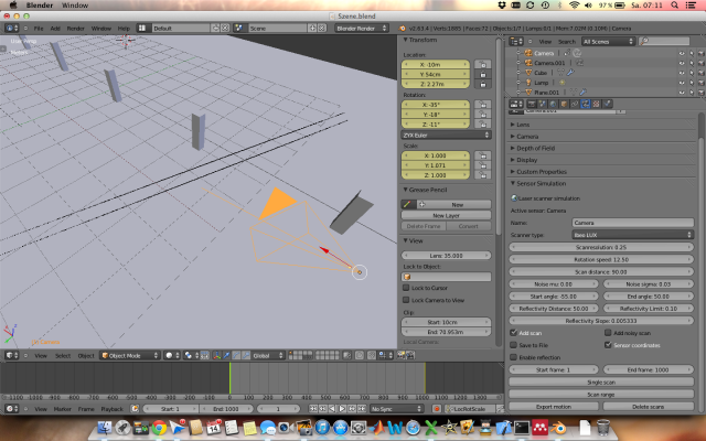 Blender Software mit erstellter Szene in "Solid" Ansicht sowie eingefügtem ibeo Lux Laserscanner (orange)
